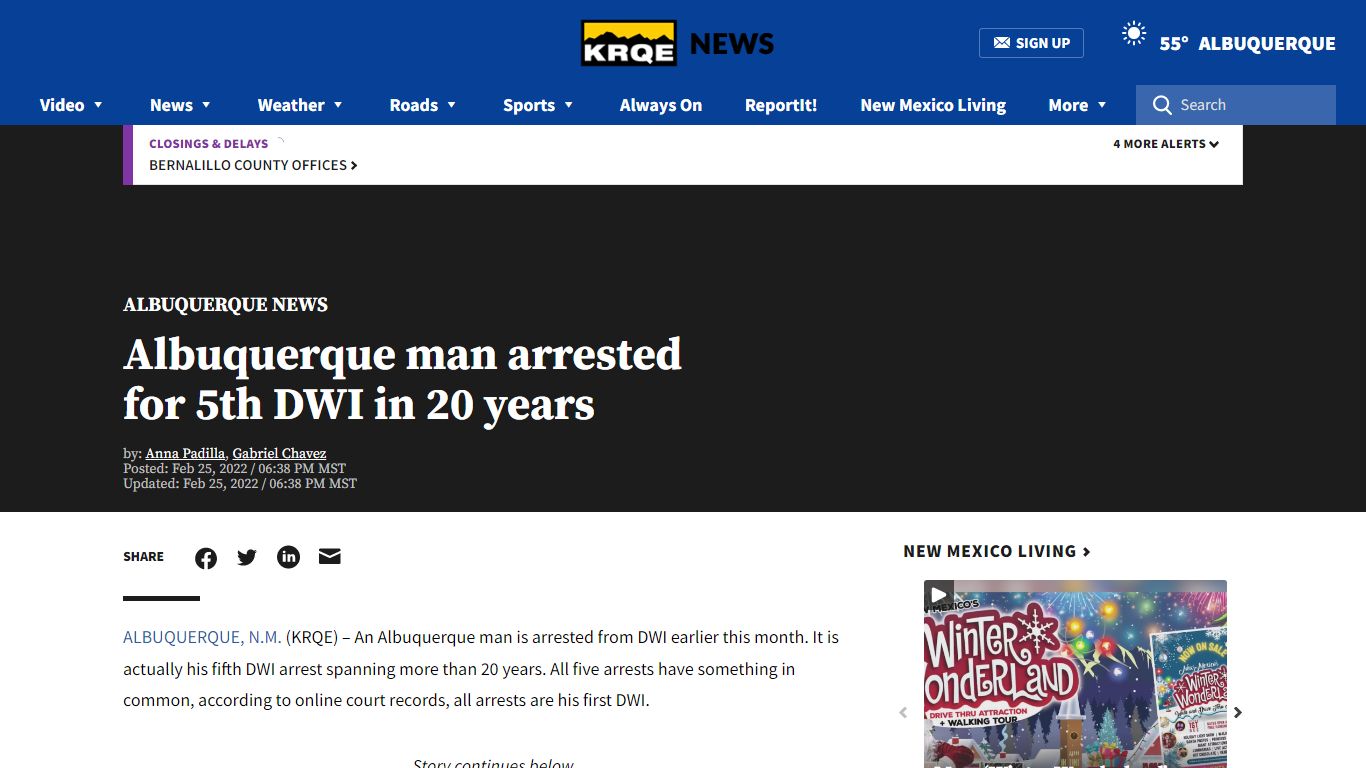 Albuquerque man arrested for 5th DWI in 20 years